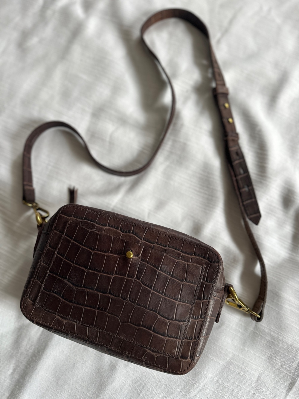 Madewell The Transport Camera Bag Croc Embossed Leather in Dark Coffee